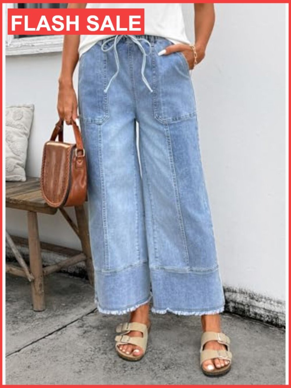 Wide Leg Baggy Jeans High Waisted Stretchy Drawstring Denim Pants - Picture 2 of 7